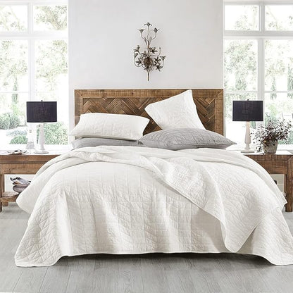 HORIMOTE HOME Quilt Set King Size, Stone-Washed Chic Rustic Cream White Coverlet with Classic Triangle Stitched Pattern, Ultra Soft Lightweight Quilted Bedspread for All Season, 3 Pieces