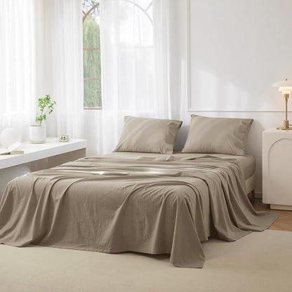 JIYUAN King Size Sheet Set, 4-Piece - 100% Washed Cotton, Linen-Like Soft & Breathable, Includes Deep Pocket Fitted & Flat Sheet with 2 Pillowcases, Hotel Quality, Solid Khaki