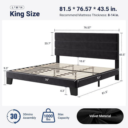 Allewie King Size Platform Bed Frame with Velvet Upholstered Headboard | Wooden Slats Support, Fully Upholstered Mattress Foundation, No Box Spring Needed, Easy Assembly, Noise-Free, Black