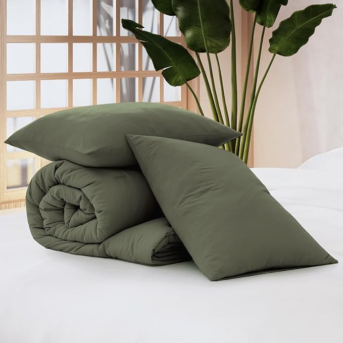 WRENSONGE King Size Comforter Set - 3 Pieces Olive Green Comforter Prewashed Soft Lightweight for All Seasons,Fluffy Down Alternative Comforter King Size with 2 Pillow Shams