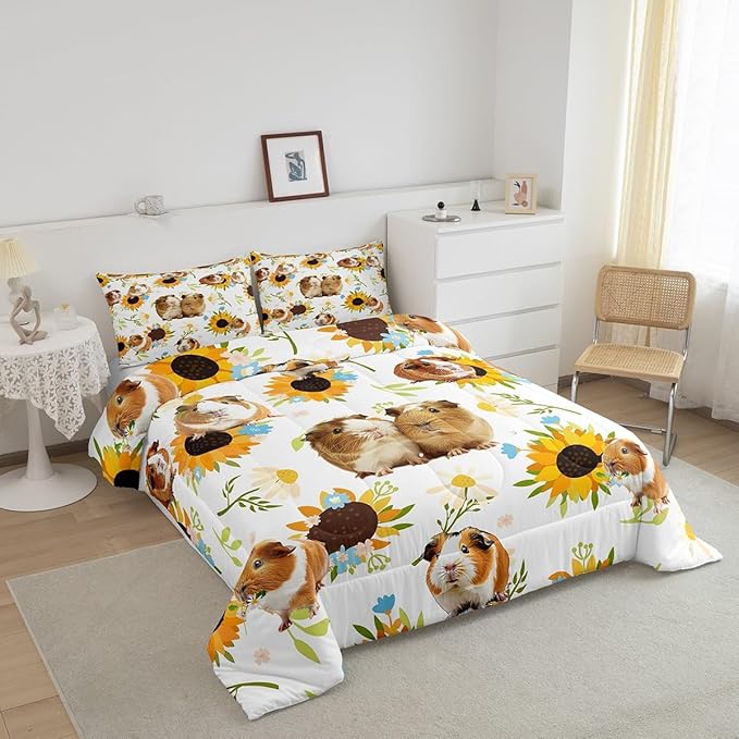 Castle Fairy Guinea Pig Comforter Set Twin Size,Sunflower Floral Leaves Botanical Bedding Set 2Pcs for Kids Girls Boys Adult Room Decor,Cute Pet Animals Quilt Set White Soft Duvet Insert,1 Pillowcase