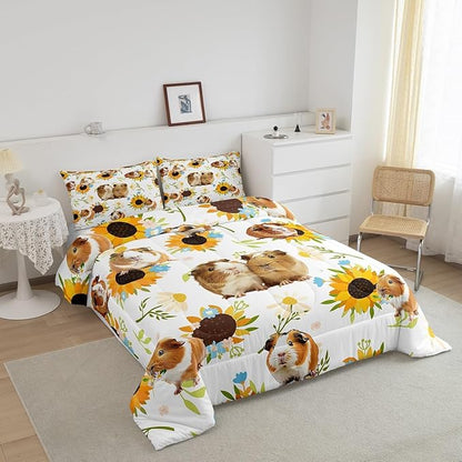 Castle Fairy Guinea Pig Comforter Set Twin Size,Sunflower Floral Leaves Botanical Bedding Set 2Pcs for Kids Girls Boys Adult Room Decor,Cute Pet Animals Quilt Set White Soft Duvet Insert,1 Pillowcase
