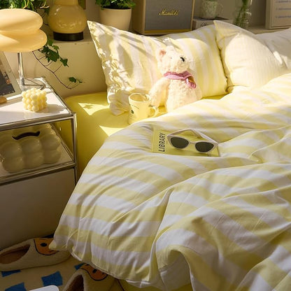 Yellow Striped Full Duvet Cover Cute Soft Full Size Comforter Cover Boho Chic Washed Microfiber Farmhouse Duvet Cover Set with Corner Ties College Dorm Bedding Set for Girls Duvet Protector