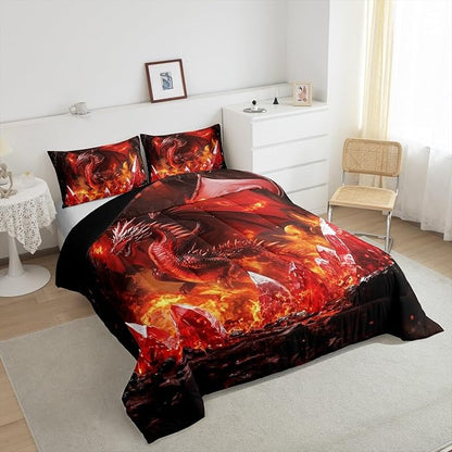 Castle Fairy Dragon Bed Comforter Set Queen Size,Western Fierce Animals Super Soft Microfiber Bedding Set for Adults Men,Glowing Flame Dragon Decorative Comforter Set,3 Pcs