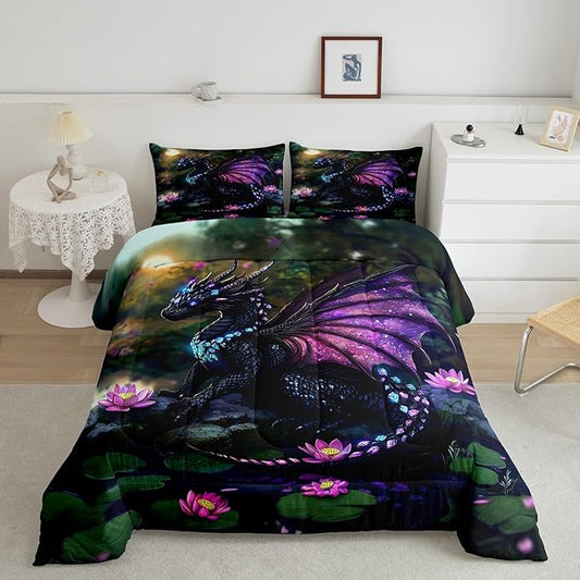 Feelyou Dragon Comforter Set Full Size Dragon Stuff Comforter for Boys Girls Teens Wild Life Bedding Set Lotus Flower Duvet Set Room Decor Green Purple Quilt Set