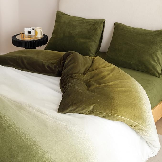 Cottonight Velvet Fluffy Comforter Full Dark Green Gradient Plush Flannel Bedding Set Women Men Thick Warm Winter Blanket Quilts Sherpa Micromink Ink Color Plush Fashion Bedding