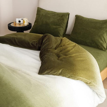 Cottonight Velvet Fluffy Comforter Full Dark Green Gradient Plush Flannel Bedding Set Women Men Thick Warm Winter Blanket Quilts Sherpa Micromink Ink Color Plush Fashion Bedding