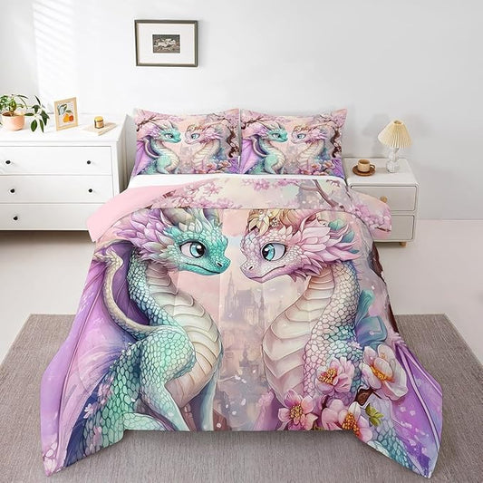 Western Dragon Couple Comforter Set King Size for Kids Japanese Cherry Blossom Bedding Sets All Season Pastel Girly Pink Castle Quilt Set Bedroom Decor Dreamy Fairy Tale Down Comforter,3Pcs