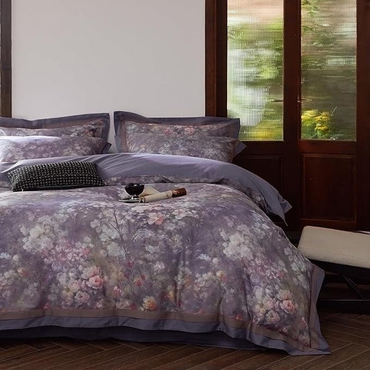 VM VOUGEMARKET Garden Flower Bedding Set King Smooth Long Staple Cotton Duvet Cover with Purple Floral Pattern Vintage Cottage Botanical Comforter Cover for Spring Summer