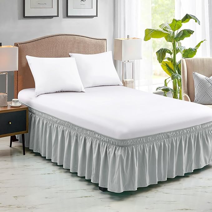 FreshCulture Queen Bed Skirt, Elastic Wrap Around Bed Skirt Queen Size, Bed Skirts for Adjustable Bed, Easy Fit with 22 Inch Drop Length, Hotel Quality Dust Ruffle for Queen Bed (Light Grey)