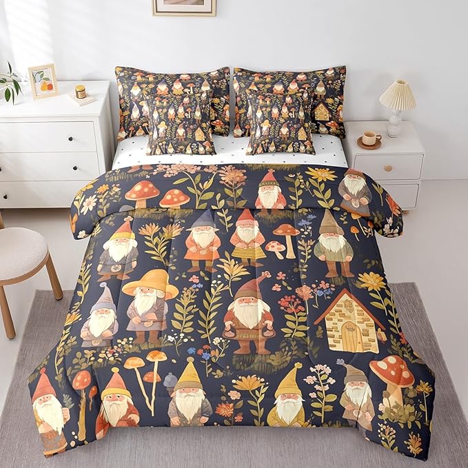 Retro Farmhouse Gnome Comforter Set 7 Pieces,Jungle Botanical Flowers Leaves Bed Set,Rustic Style Bedding Bed in a Bag,Twin (1 Comforter,2 Pillowcase,2 Pillow Covers,1 Flat Sheet,1 Fitted Sheet)