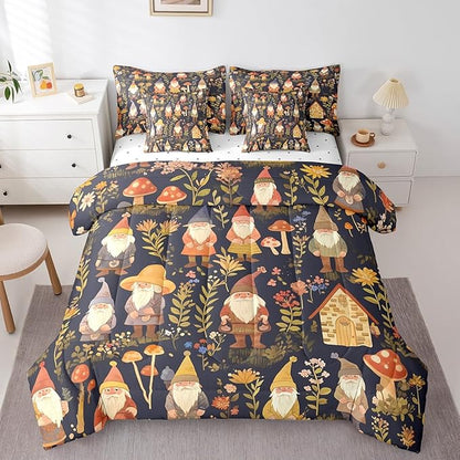 Retro Farmhouse Gnome Comforter Set 7 Pieces,Jungle Botanical Flowers Leaves Bed Set,Rustic Style Bedding Bed in a Bag,King (1 Comforter,2 Pillowcase,2 Pillow Covers,1 Flat Sheet,1 Fitted Sheet)
