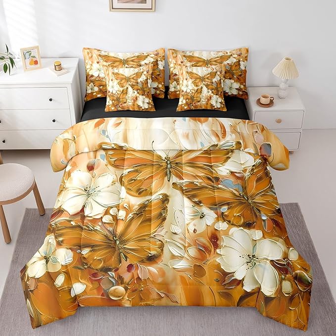 Erosebridal Floral Butterfly Queen Bed in A Bag 7 Piece,White Flowers Oil Painting Boho Comforter Set Retro Aesthetics Orange Butterfly Bedding Set for Girls Teen Women,Bohemian Animal Sheet Set