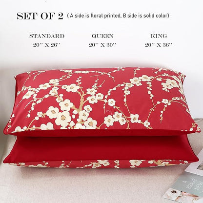 WINLIFE 100% Cotton Pillowcases Set of 2 Floral Printed Pillow Case Beige Plum Blossom on Red Pillow Cover, King 20x36''