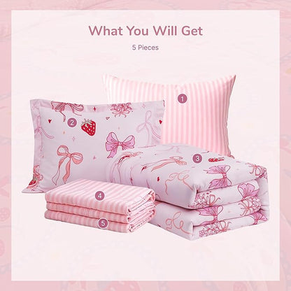 Twin Comforter Set for Girls-5 Pieces Pink Bow Twin Bedding Sets for Kids, Ultra Soft Bed in A Bag with Sheets