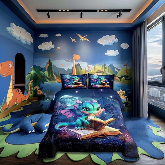 Cartoon Dragon Bedding Set Full Size Magical Jungle Night Comforter Set Gift Dragons Lover Son Birthday Room Decor Cute Dragon Books Print Blanket Starry Moon Sky Quilt Set with 2 Pillowcase