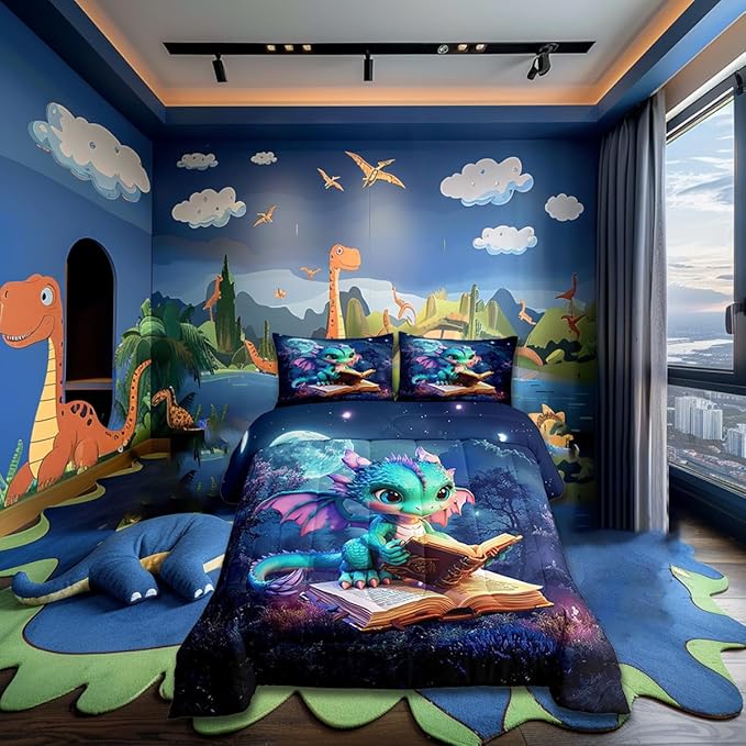 Cartoon Dragon Bedding Set Twin Size Magical Jungle Night Comforter Set Gift Dragons Lover Son Birthday Room Decor Cute Dragon Books Print Blanket Starry Moon Sky Quilt Set with 1 Pillowcase