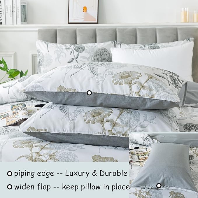 FADFAY Floral Duvet Cover Sets Full Size 100% Cotton Ink Grey Vintage Flower Patterned Hydrangea Comforter Cover Farmhouse Bedding for All Season Soft Crisp Luxury Bed Cover with Zipper 3 Pieces