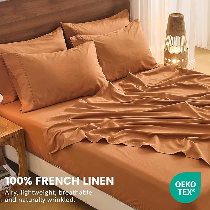 Bedlifes 100% French Flax Linen Sheets Set California King Size-6 Piece Extra Deep Pocket 18-24",Soft Breathable Cal King Bed Sheets with Temperature Regulating & Moisture-Wicking(Brown