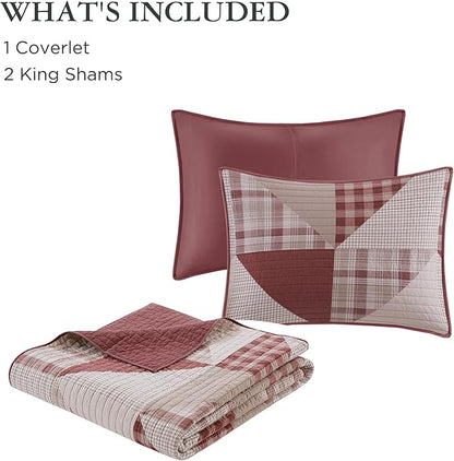 Woolrich Reversible Coverlet Set - Cottage Styling Reversed to Solid Color, All Season Lightweight Coverlet, Cozy Bedding Layer, Matching Shams, Oversized King/Cal King, Olsen Red | Reversible, Lightweight, All Season