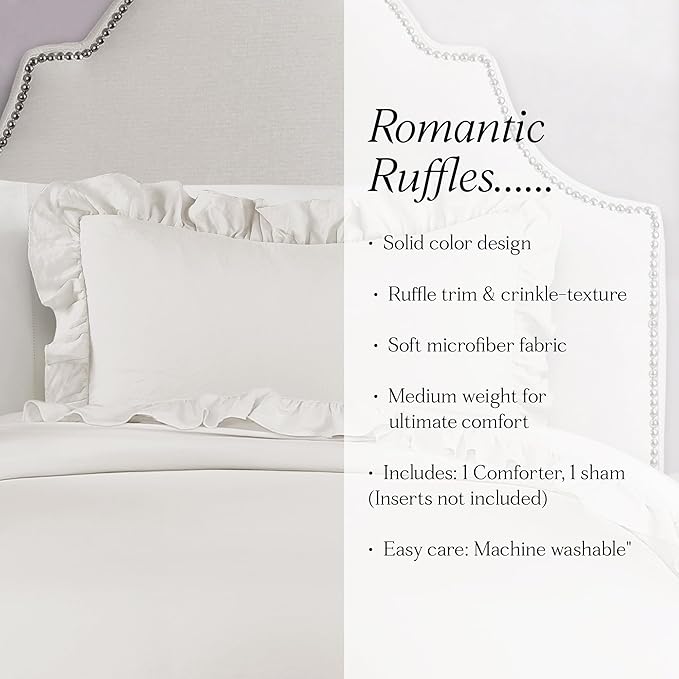 Lush Decor - Comforter Set, Soft Ruffled Bedding with Matching Sham, Cozy Essentials, Elegant Bedroom Decor (Reyna White, Twin XL)