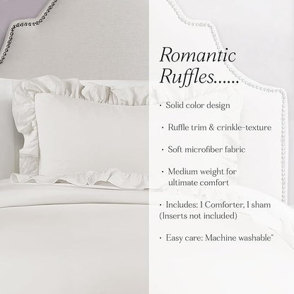 Lush Decor - Comforter Set, Soft Ruffled Bedding with Matching Sham, Cozy Essentials, Elegant Bedroom Decor (Reyna White, Twin XL)