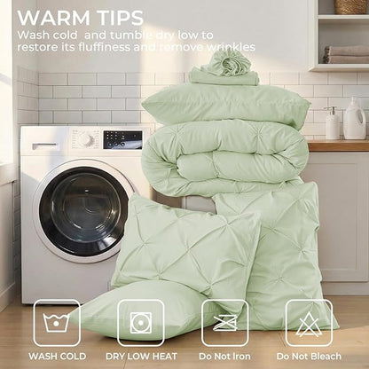 Sasttie California King Comforter Set, 7-Piece Bed in a Bag, Pintuck Bedding Sets for All Season, Includes Comforter, Flat Sheet, Fitted Sheet, Pillowcases and Pillowshams, Mint