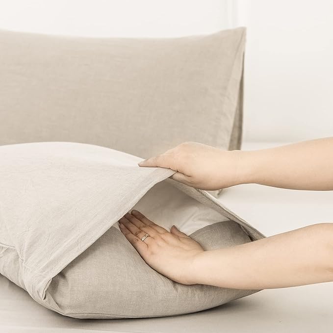 MooMee Bedding Pillowcases Pack of 2 100% Washed Cotton Linen Like Textured Breathable Durable Soft Comfy (Heathered Cream Grey, King)