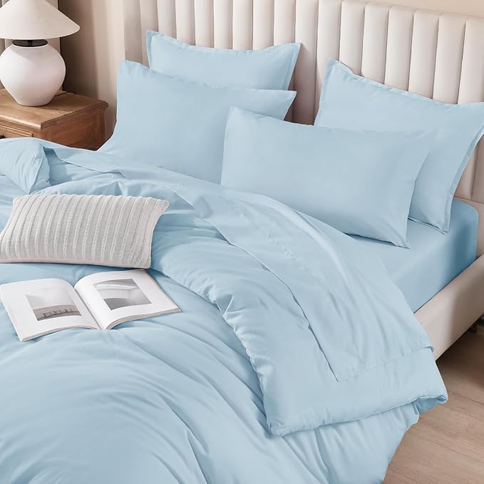 Litanika Comforter Full Size Set Light Blue - 7 Pieces Bed in a Bag Full Bedding Comforter Sets, Plain Lightweight Bed Set with Comforter, Sheets, Pillowcases & Shams