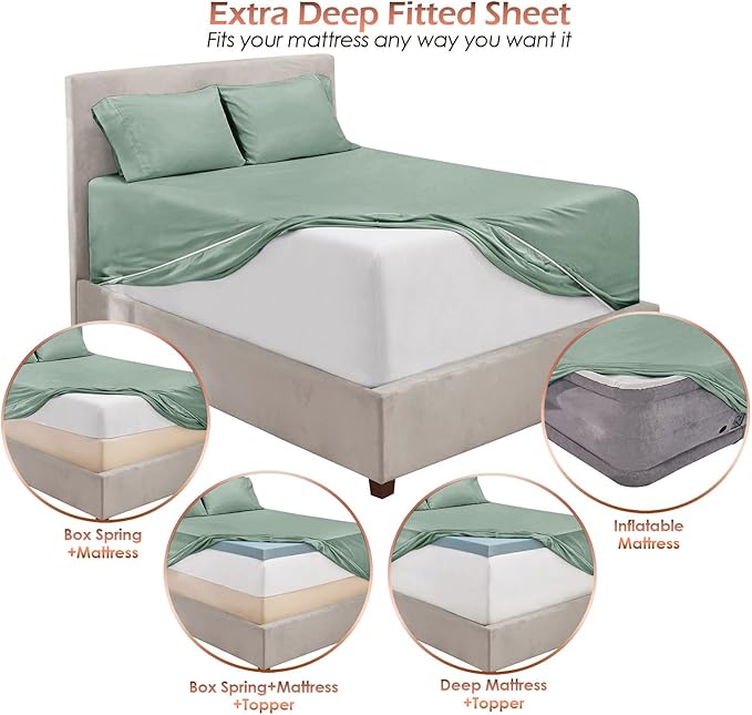 Hearth & Harbor Extra Deep Pocket Sheet Sets, Luxury Soft 6 Piece Bed Sheet Set Fits Mattress 18-24 Inches - Split King Size, Sage Green New