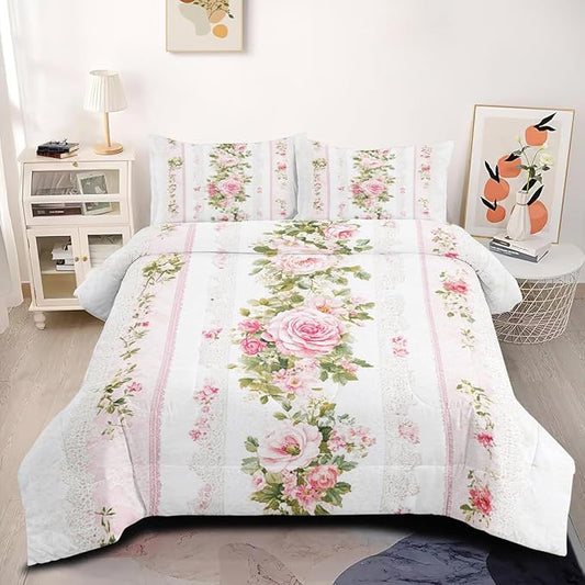 Women Girls Romantic Roses Floral Comforter Set, Twin Size 2-Piece Pink Stripe Comforter Sets, 1 Comforter 68"x 90", 1 Pillowcase, Soft Microfiber