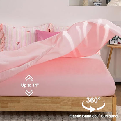 A Nice Night Rainbow Stripes & Bows Bedding Set,Ruffle 6 Piece Bed in a Bag Matching Sheet Set,Princess Style Chic Bow Printed,Light Pink Room Decor for Girls,Queen