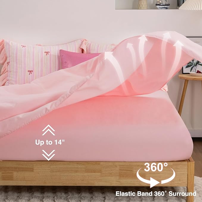 A Nice Night Rainbow Stripes & Bows Bedding Set,Ruffle 6 Piece Bed in a Bag Matching Sheet Set,Princess Style Chic Bow Printed,Light Pink Room Decor for Girls,Full