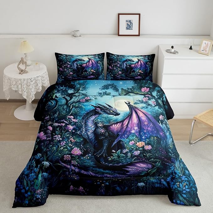 Feelyou Dragon Comforter Set Full Size Comforter for Boys Girls Teens Wild Life Bedding Set Jungle Dragon Duvet Set Room Decor Balck Blue Quilt Set