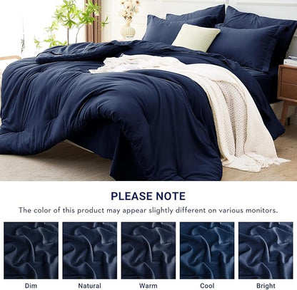 MUXHOMO 7 Pieces California King Comforter Set, Soft Bed in a Bag Cal King Size, All Season Bedding Set with Comforter, Flat Sheet, Fitted Sheet, Pillowcases & Shams, Navy Blue