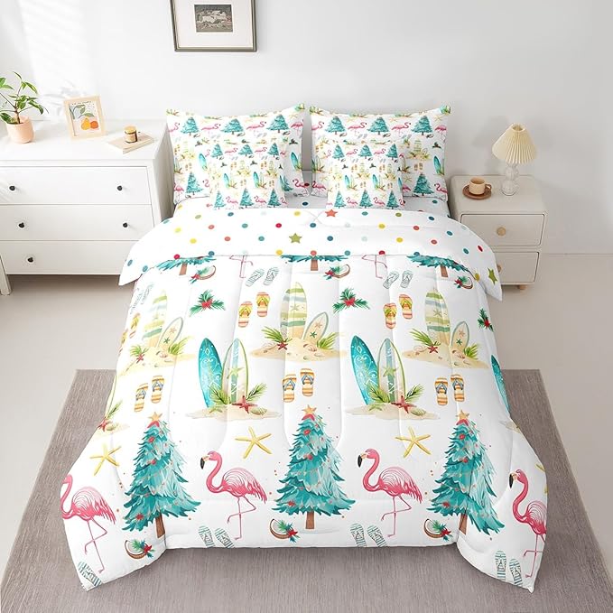 Christmas Tree 7 Pieces Comforter Sets Full,Xmas Theme Flamingo Surfboard Bedding Set for Kids Girls Bedroom Decor,Sea Beach Slippers Bed in a Bag with Comforter,Sheets and Pillow Cases