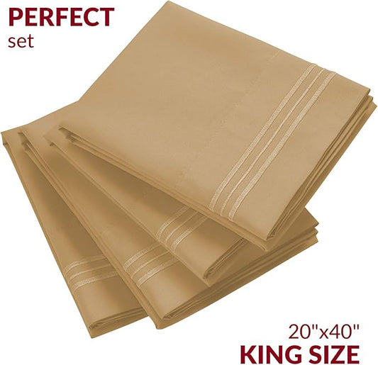 Mellanni Pillow Cases Set - 4 PC Iconic Collection Pillowcases - Hotel Luxury, Extra Soft, Cooling Pillow Covers - Wrinkle, Fade, Stain Resistant (King Size 20" x 40", Beige)