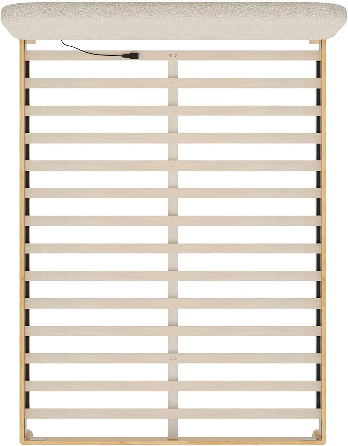 KISLOT Wood Bed Frame with USB & Type-C, Boucle Headboard, Oat, Queen | Platform Bed, Mattress Foundation, No Box Spring Needed, Easy Assembly