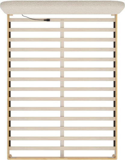 KISLOT Wood Bed Frame with USB & Type-C, Boucle Headboard, Oat, Queen | Platform Bed, Mattress Foundation, No Box Spring Needed, Easy Assembly