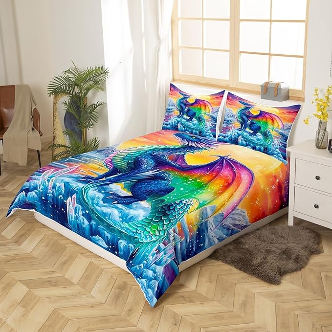 Feelyou Dragon Bedding Duvet Cover Set King Size 3D Dragon Theme Bedding Set for Kids Boys Decor Ancient Wildlife Dragon Deep Animal Scale Ice Comforter Cover Set Colorful Bedspread Cover,No Comforter