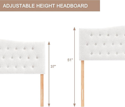 Tufted Headboard King Size, Solid Wood Adjustable Height Head Board, White | Upholstered King Headboard Only with Durable Solid Wood Legs, Adjustable Height 37-51 in, Fabric Button Diamond HeadBoards