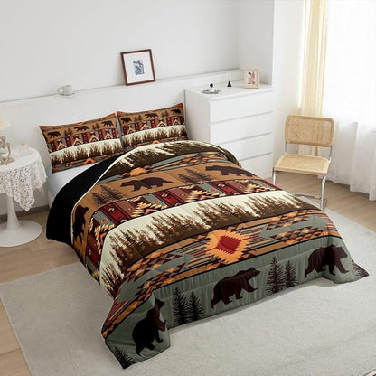Feelyou Boho Comforter Set Twin Size Bear Comforter for Boys Girls Teens Rustic Bedding Set Cabin Duvet Set Room Decor Olive Brown Quilt Set