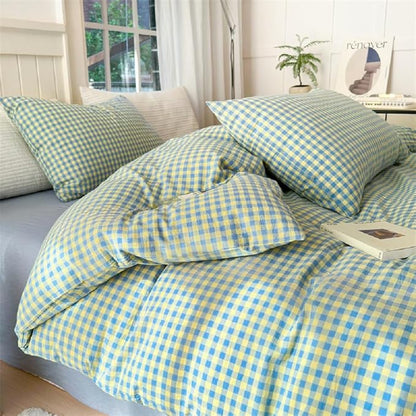 LifeTB Queen Comforter Set Blue Yellow Gingham Comforter with 2 Pillowcases Modern Style Geometric Plaid Comforter 3 Pieces Farmhouse Gingham Bedding Set Fluffy Grid Checkered Comforter Set