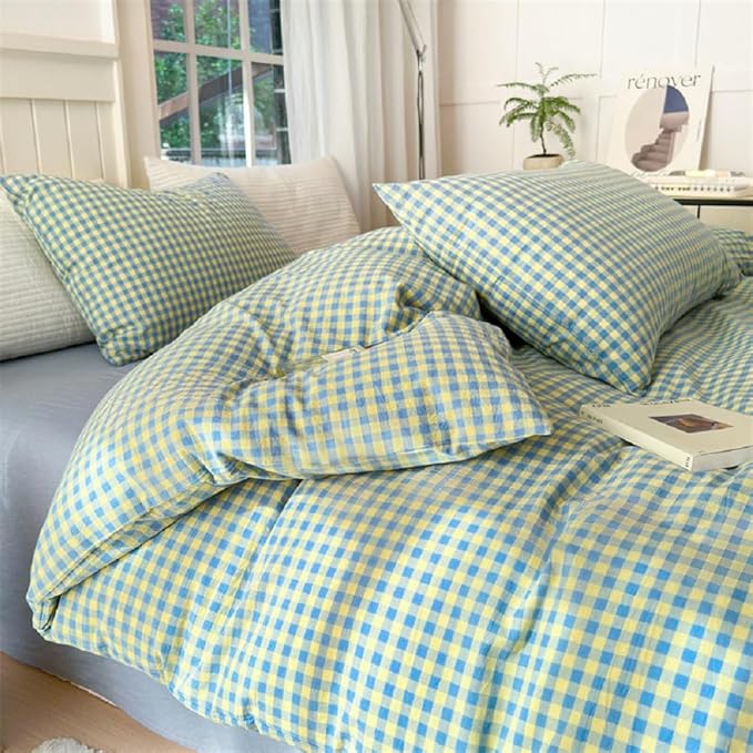 LifeTB Gingham Comforter Set Full Modern Style Blue Yellow Plaid Grid Bed Comforter 3 Pieces Soft Fluffy Checkered Pattern Comforter with 2 Pillowcases Farmhouse Gingham Bedding Set Breathable