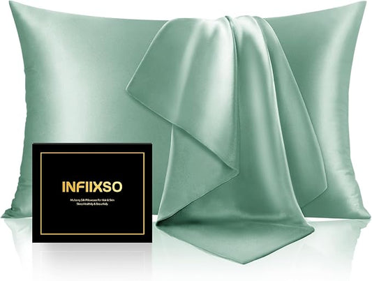 INFIIXSO Mulberry Silk Pillowcase for Hair and Skin, Silk Pillow Cases Standard Size with Hidden Zipper 20x26 Inches, Super Smooth and Soft Cooling Pillow Cases for Hot Sleepers(Mint Green, 1 Pack)