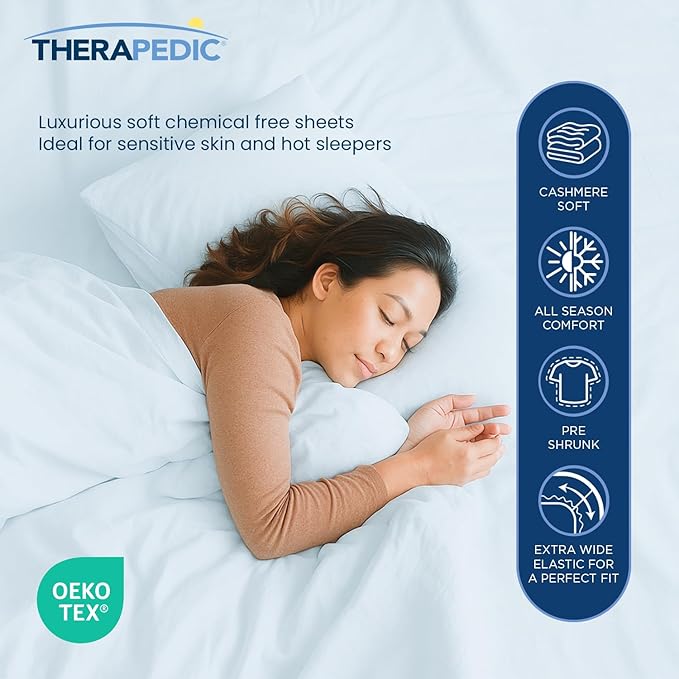 Therapedic 100% Egyptian Cotton California King 6-Piece Sheet Set –Naturally Cooling & Breathable Sateen, Preshrunk Garment Wash,16"Deep Pocket Fitted Sheet,Bonus Pillowcases,Soft & Durable-Light Blue
