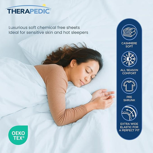 Therapedic 100% Egyptian Cotton California King 6-Piece Sheet Set –Naturally Cooling & Breathable Sateen, Preshrunk Garment Wash,16"Deep Pocket Fitted Sheet,Bonus Pillowcases,Soft & Durable-Light Blue