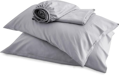 Bedsure Queen Sheet Set, Rayon Derived from Bamboo, Cooling Sheets, Deep Pocket Up to 16", PureWoven, Breathable & Soft, Hotel Luxury Silky Bedding for Hot Sleepers, Silver Grey