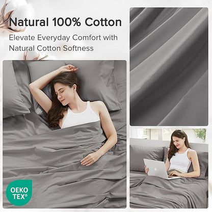 Comfort Spaces 100% Cotton Sheets Twin XL, Breathable, Soft Cotton Sheets, Naturally Cool Cotton Bed Sheets with 12" Elastic Pocket Fits up to 14" Mattress, All Season Sheet Set, Dark Gray 3 Piece
