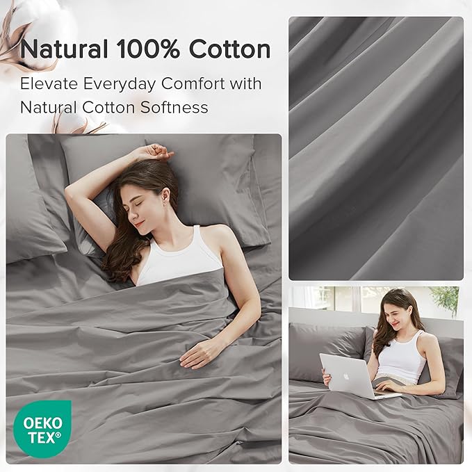 Comfort Spaces 100% Cotton Sheets Twin, Breathable, Soft Cotton Sheets, Naturally Cool Cotton Bed Sheets with 12" Elastic Pocket Fits up to 14" Mattress, All Season Sheet Set, Dark Gray 3 Piece